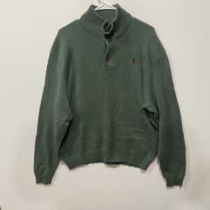 Vintage Polo Ralph Lauren Mens Green Cotton Mock Neck Button Pullover Sweater XL